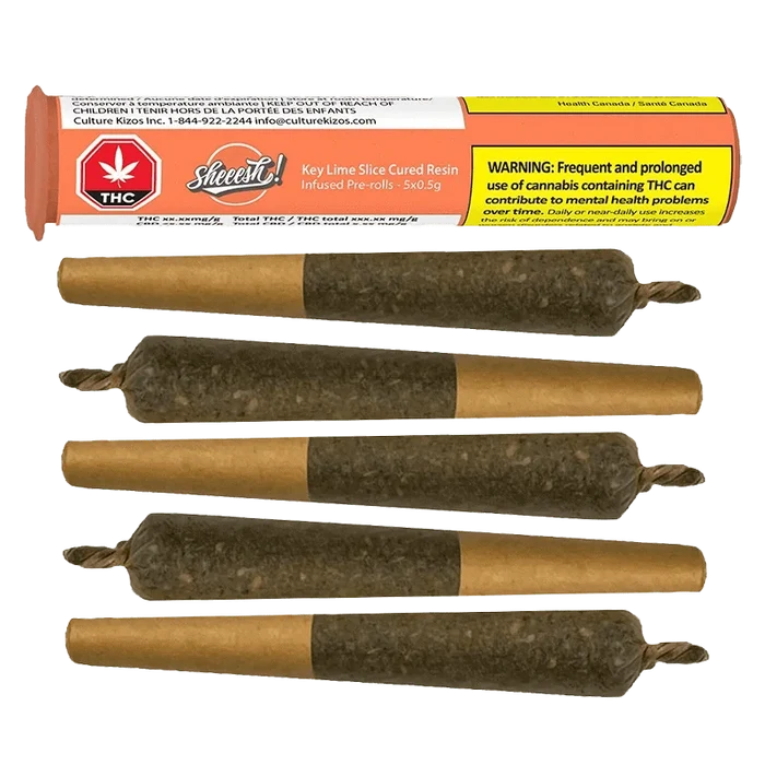 Key Lime Slice Cured Resin Infused Pre Rolled 5 x 0.5 g packaged against a black background with warning labels in English and French.