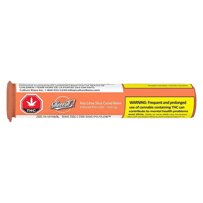 Key Lime Slice Cured Resin Infused Pre Rolled 5 x 0.5 g packaging with warnings and health information displayed against a dark background.