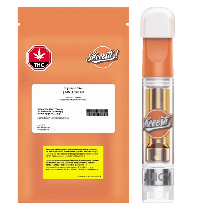 Key Lime Slice Vape Cartridge displayed at a slight angle, showcasing its branding against a dark background.