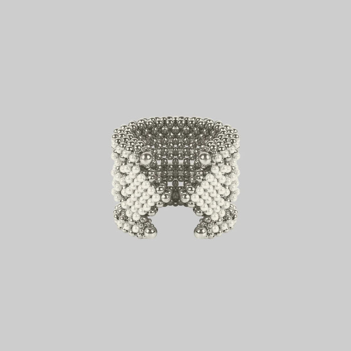 polymer metal beads and japanese systetic pearl Khutulun 4D Supple Cuff in pearl from object and dawn back view ghost image