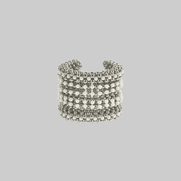 high quality polymer metal beads and japanese systetic pearl Khutulun 4D Supple Cuff in pearl from object and dawn front view ghost image