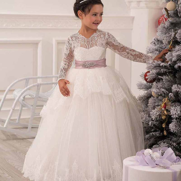 Kids Long Sleeves Princess Gowns Flower Girls Dresses Wedding Prom