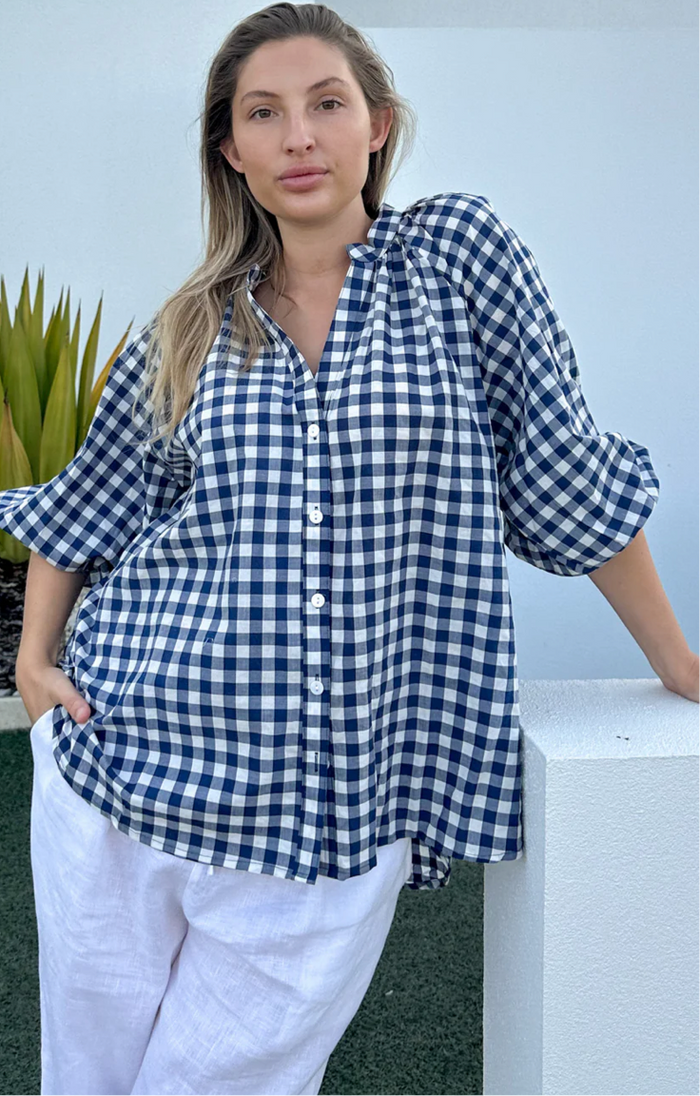 Kiik Seeasucker navy check blouse