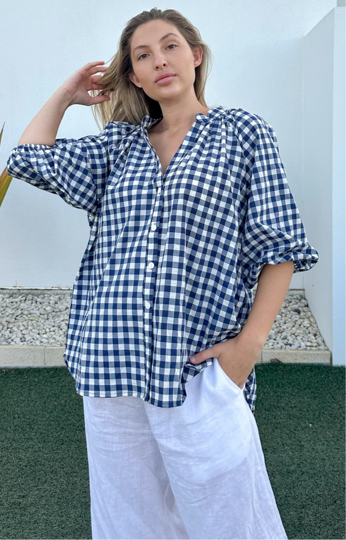 Kiik Seeasucker navy check blouse