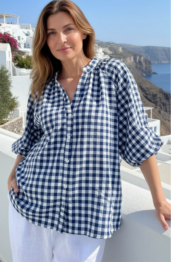 Kiik Seeasucker navy check blouse