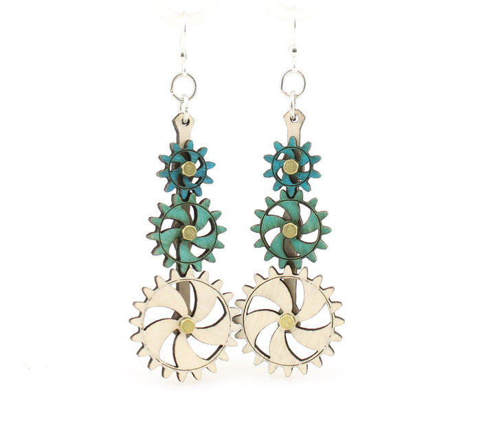 Kinetic steampunk gear earrings in second colorway, laser-cut and made in USA