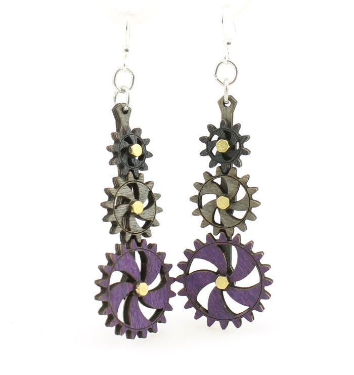 Kinetic steampunk gear earrings in fifth colorway, laser-cut and made in USA