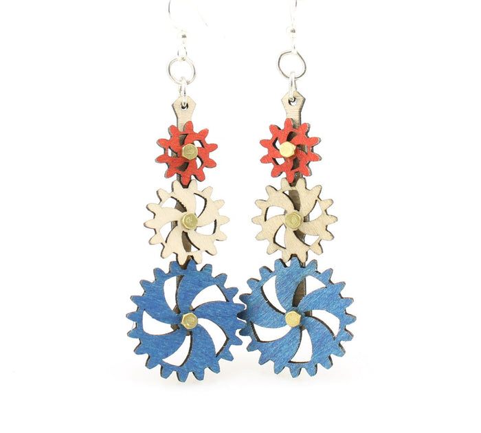 Kinetic steampunk gear earrings with turning gears, laser-cut and made in USA