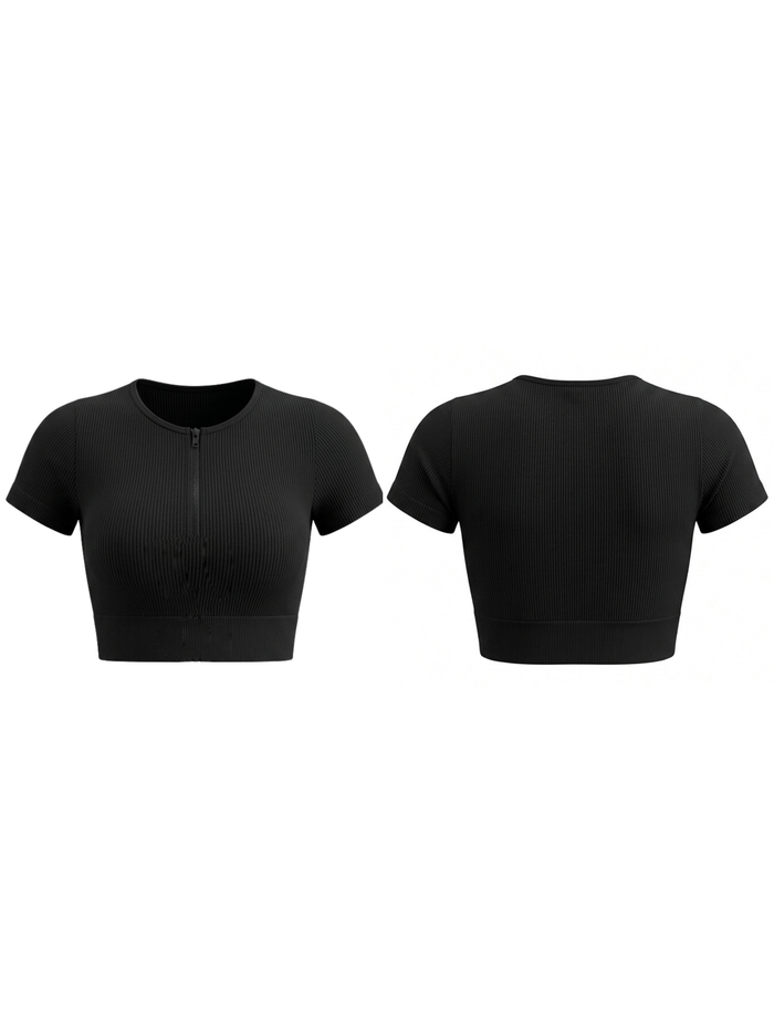 Knitted Chest Zipper Yoga Short Sleeves