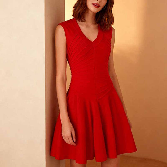 Knitted Mini Dress with V-Neck & A-Line Silhouette – Soft, Stretchy & Stylish