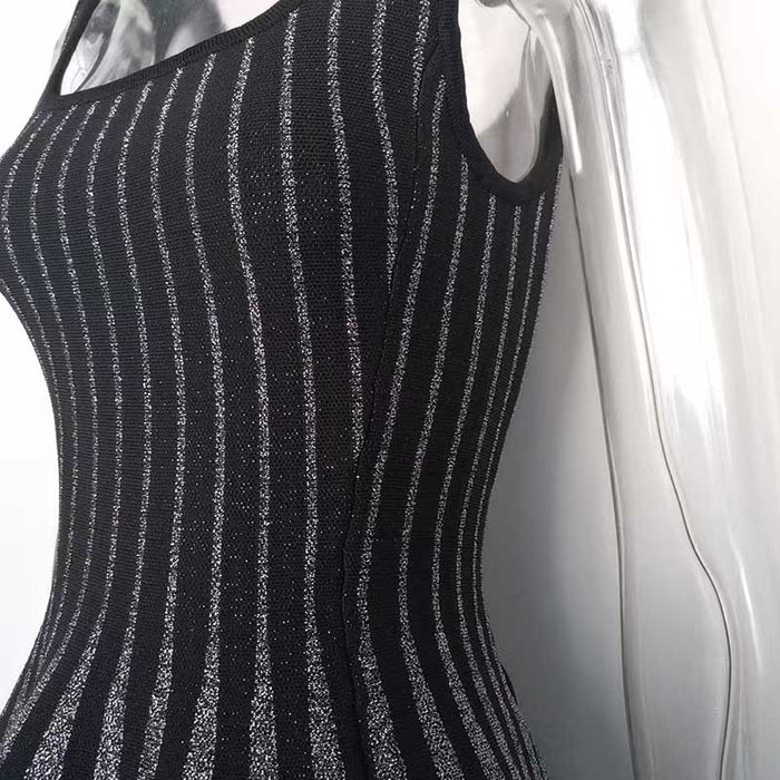 Knitted Mini Little Black Dress Square-Neck Sleeveless Slim Fit Short A-Line Dress