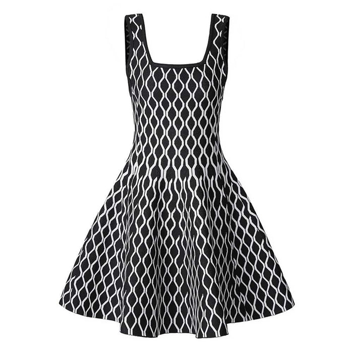 Knitted Mini Little Two-Tone Dress Square-Neck Sleeveless Slim Fit Short A-Line Dress