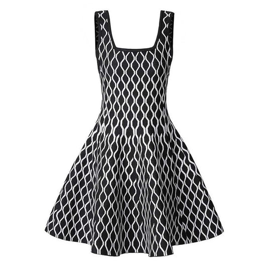 Knitted Mini Little Two-Tone Dress Square-Neck Sleeveless Slim Fit Short A-Line Dress