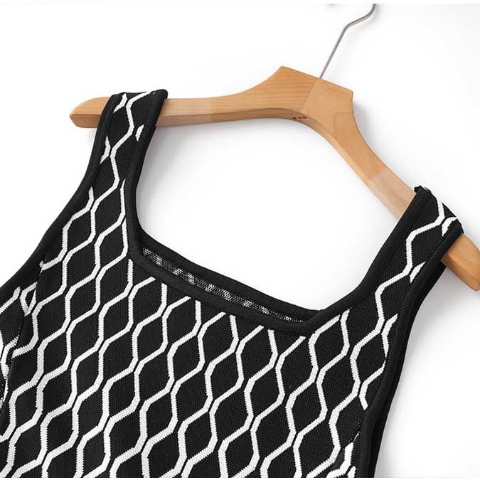 Knitted Mini Little Two-Tone Dress Square-Neck Sleeveless Slim Fit Short A-Line Dress
