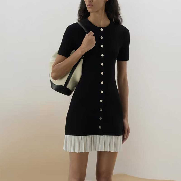 Knitted Short Dress Button-Up Short Sleeve Slim Fit Mini Dress