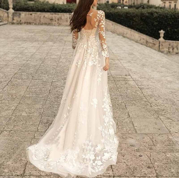 Lace A-Line Boho Long Sleeves Wedding Dress Ball Gown with Train