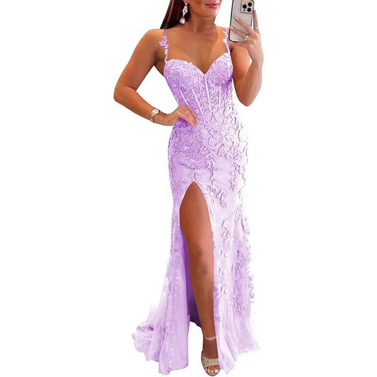 Lace Applique Mermaid Prom Dresses Spaghetti Straps Long Evening Formal Gowns