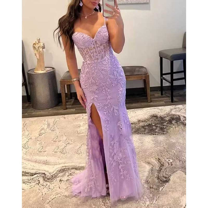 Lace Applique Mermaid Prom Dresses Spaghetti Straps Long Evening Formal Gowns