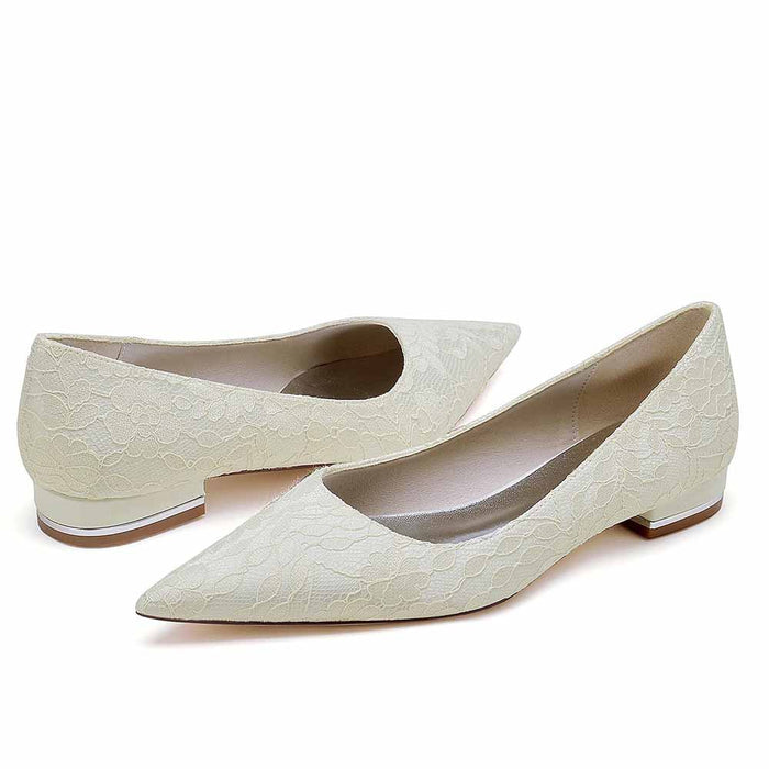 Lace bridal flats for wedding in elegant ivory with pointed toe design and lace detailing