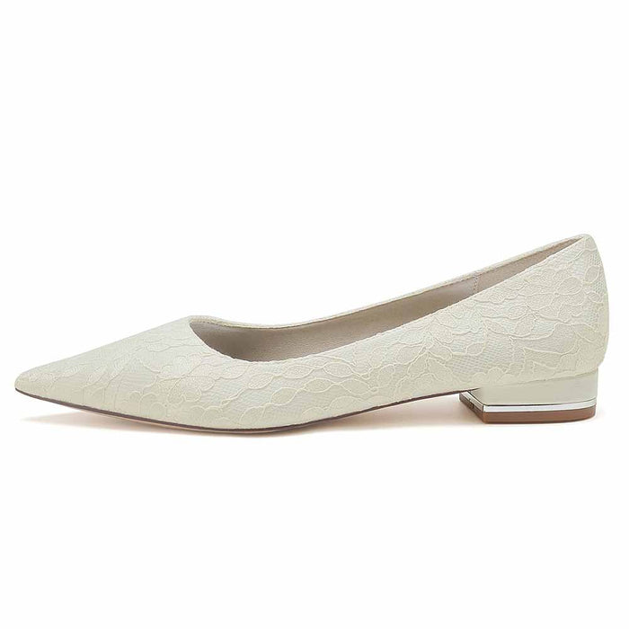 Elegant lace bridal flats for wedding with a low heel and pointed toe design in soft ivory.