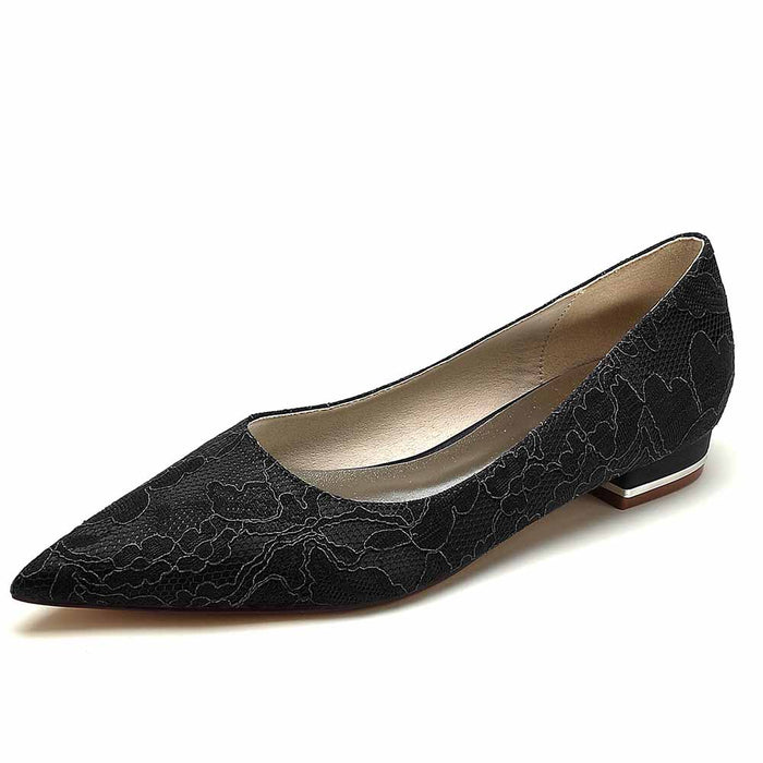 Elegant lace bridal flats for wedding in black with a pointed toe design and delicate lace detailing
