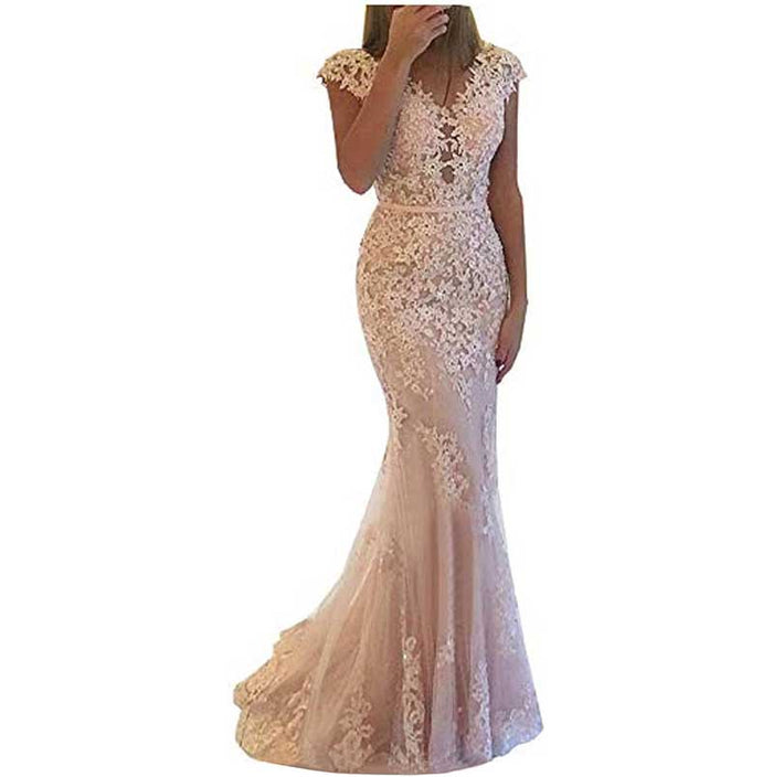 Lace Bridesmaid Dress Mermaid V Neck Long Evening Dresses Formal Wedding Gown