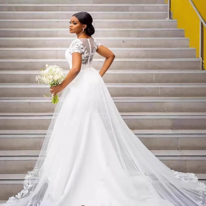 Lace Cap Sleeve Mermaid Wedding Dress – Illusion Back, Satin & Tulle Bridal Gown with Train