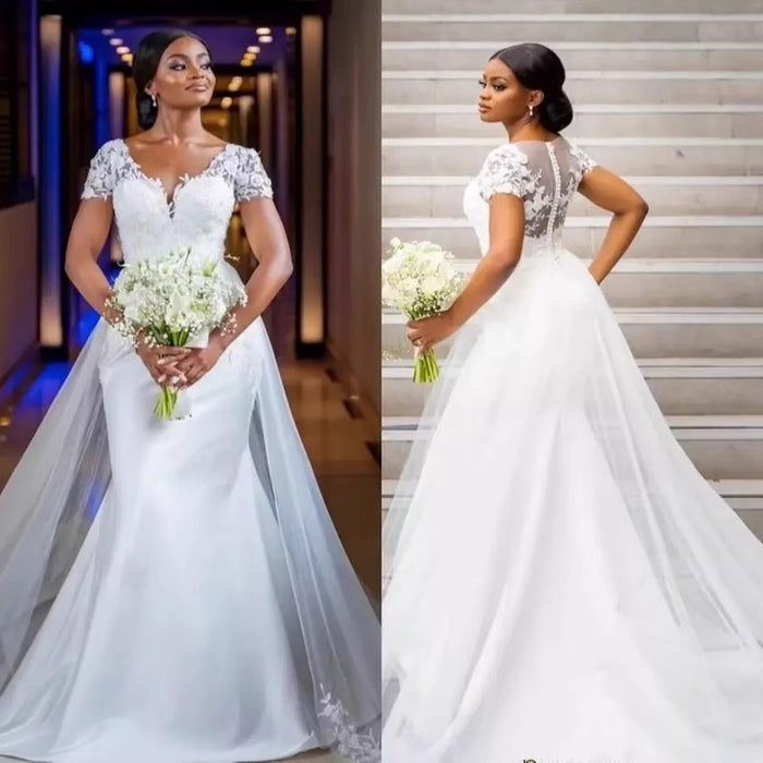 Lace Cap Sleeve Mermaid Wedding Dress – Illusion Back, Satin & Tulle Bridal Gown with Train