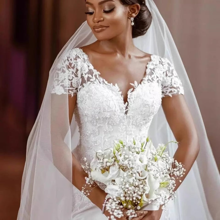 Lace Cap Sleeve Mermaid Wedding Dress – Illusion Back, Satin & Tulle Bridal Gown with Train