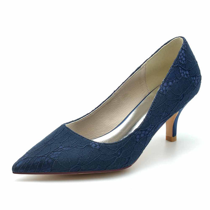 Lace Low Heels Pull-On Pumps Closed Toe Party Shoes Wedding Heels