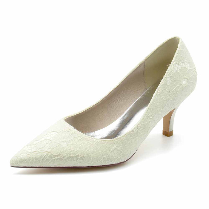 Lace Low Heels Pull-On Pumps Closed Toe Party Shoes Wedding Heels