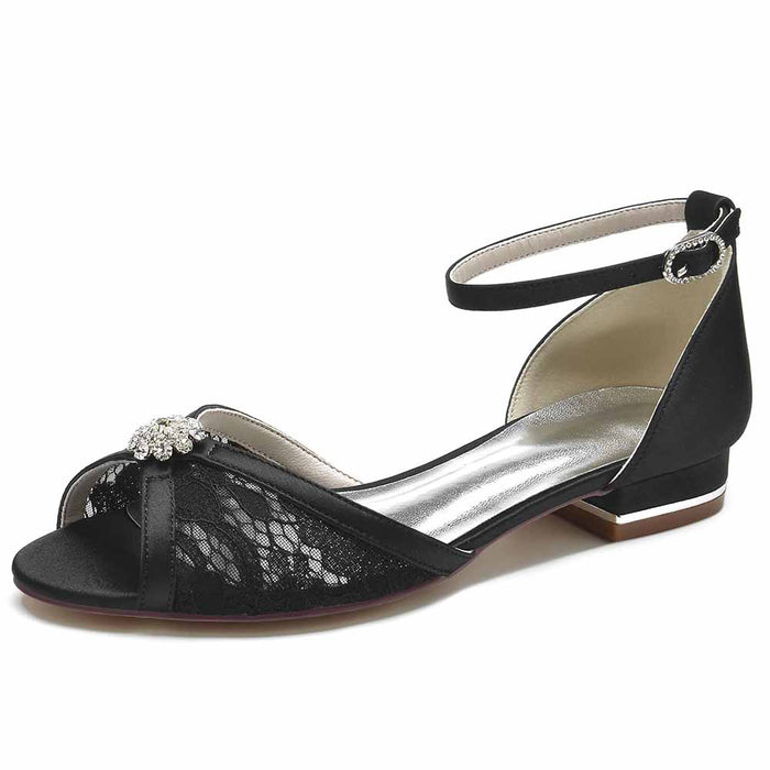Elegant lace open toe wedding shoes with ankle strap and crystal detailing for a stylish bridal look