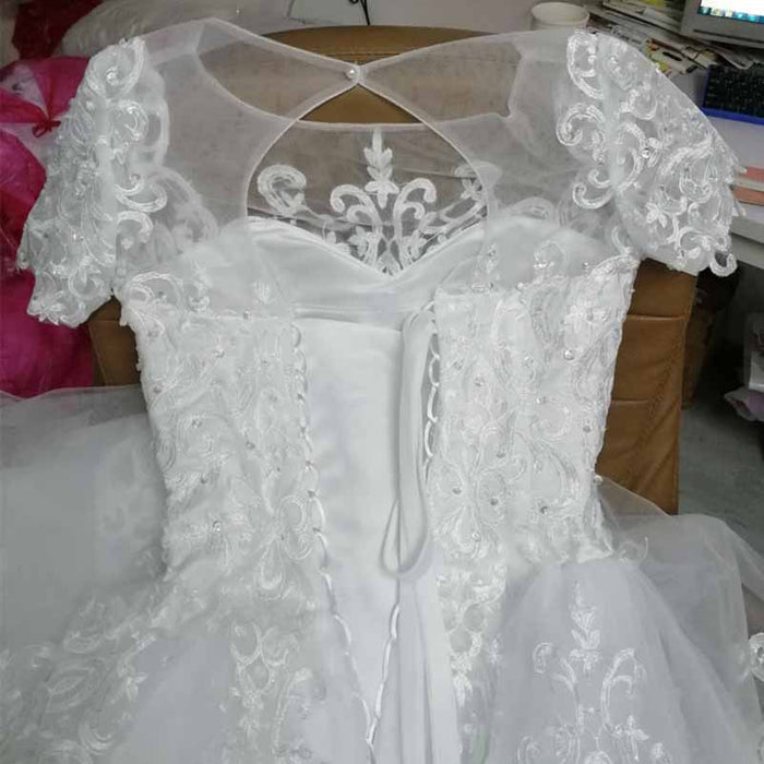 Lace Round Neck Ball Gown Tulle Beaded Short Sleeve Wedding Dress