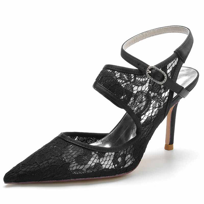 Black lace satin bridal wedding shoes with an ankle strap and pointed toe design