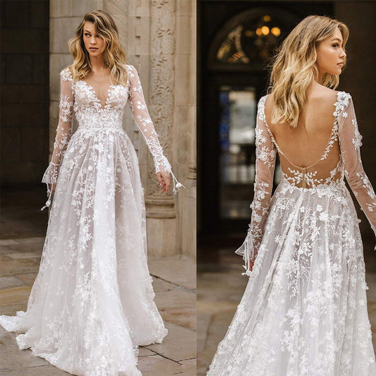 Lace Tulle Wedding Dress – Long Sleeve V-Neck, Boho Ball Gown
