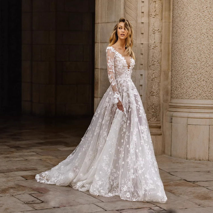 Lace Tulle Wedding Dress – Long Sleeve V-Neck, Boho Ball Gown