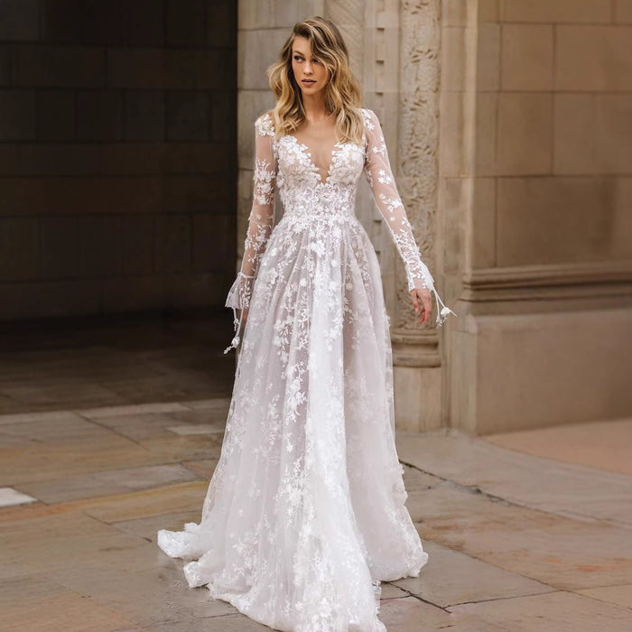 Lace Tulle Wedding Dress – Long Sleeve V-Neck, Boho Ball Gown