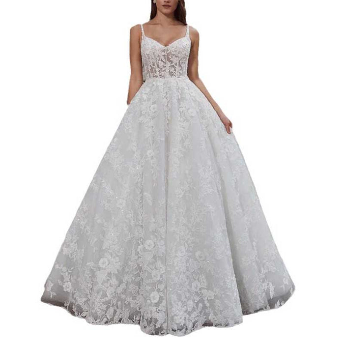 Lace Tulle Wedding Dress Spaghetti Strap Backless A-Line Bridal Dress