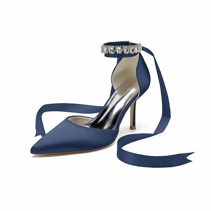 Lace-up Beaded Heels Ankle Strap Pumps Satin Party Heels Bride Heels
