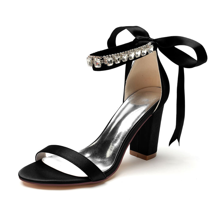 Elegant black lace up chunky heel prom sandals with rhinestone detailing for a stylish look