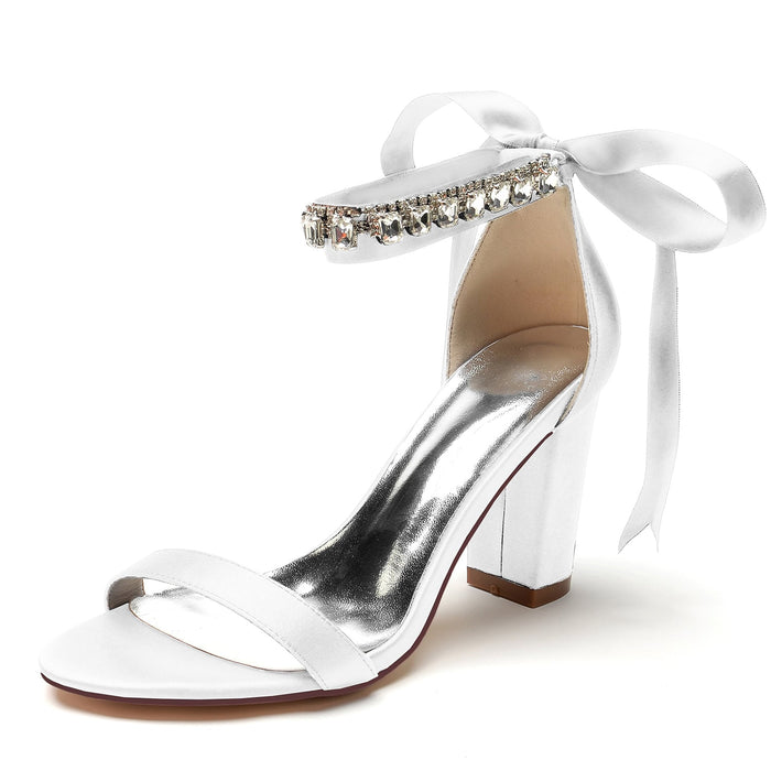 Elegant lace up chunky heel prom sandals with embellishments and satin finish for formal occasions