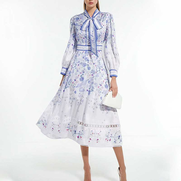 Lace-Up Collar White Long Sleeve Floral Maxi Dress