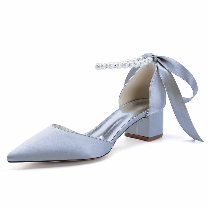 Elegant blue satin lace-up dress sandals for brides with pearl accents and a stylish block heel