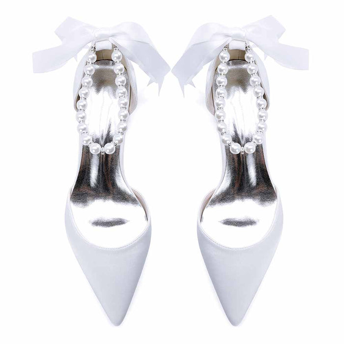 Elegant sd-hk lace-up dress sandals for brides with pearl detailing and satin ribbons