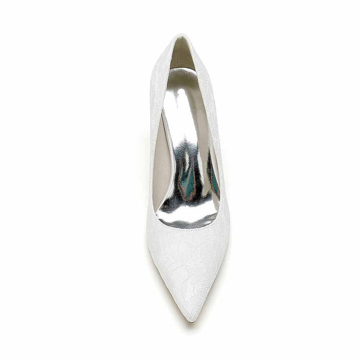 Elegant white lace wedding heels for bride with pointed toe and shiny interior finish