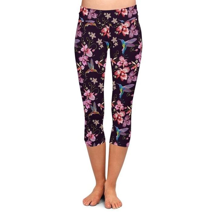 Ladies Birds & Orchids Printed Capri Leggings
