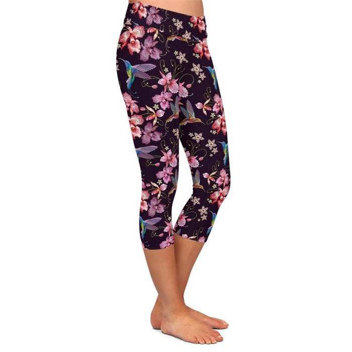 Ladies Birds & Orchids Printed Capri Leggings