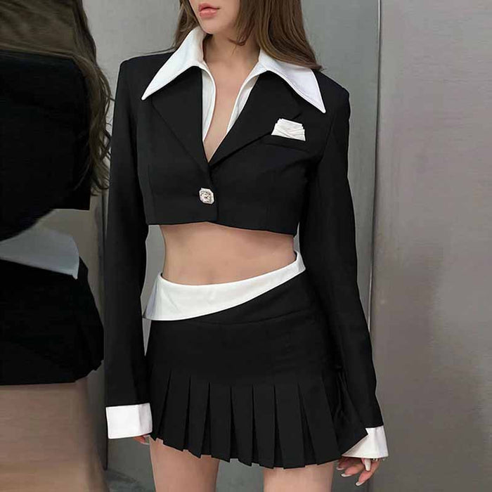 Ladies Black Short Blazer + Black Skirt 2 Pieces Set Mini Skirt Suits
