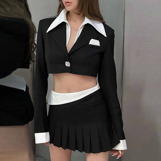 Ladies Black Short Blazer + Black Skirt 2 Pieces Set Mini Skirt Suits