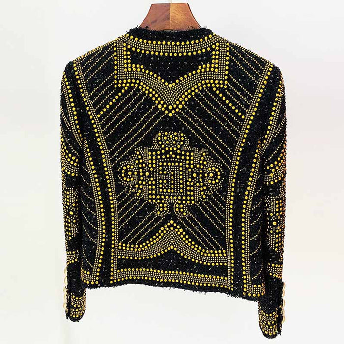 Ladies Gold Metal Beaded Tweed Woolen Round Neck Jacket Black